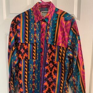 Vintage Red Orange Blue Wrangler Women’s M Aztec Western Rodeo Button Up Top